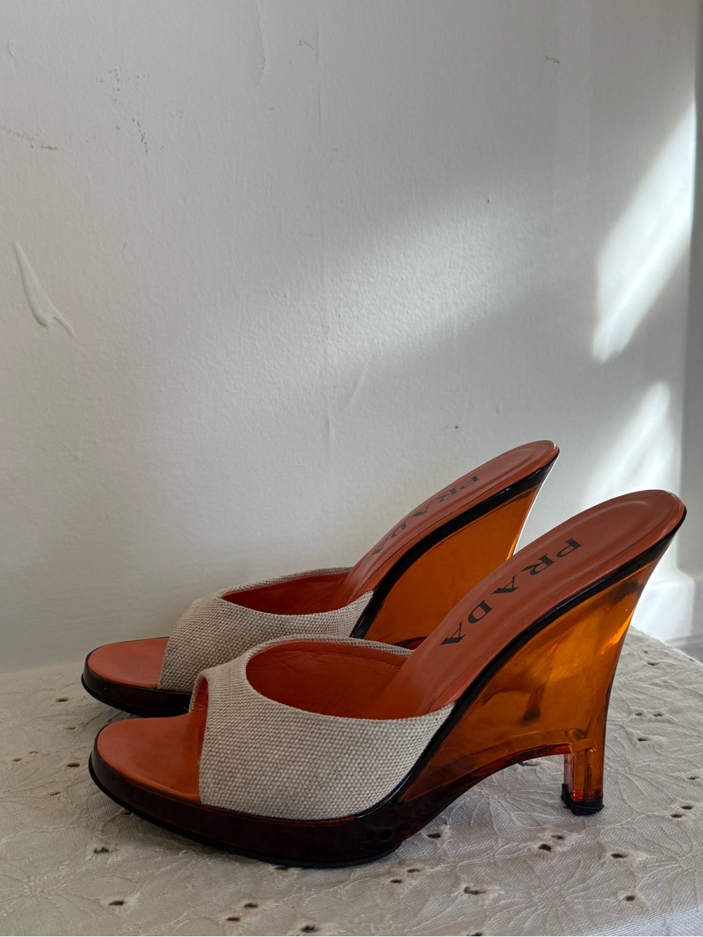 PRADA SS1998 Orange Canvas Amber Plastic Wedge Mules Heels Vintage Archive 6.5/7 - Picture 3 of 5